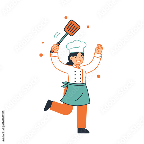 Joyful female chef celebrates culinary success, enthusiastically brandishing a spatula while wearing her professional uniform, ready for delicious cooking.