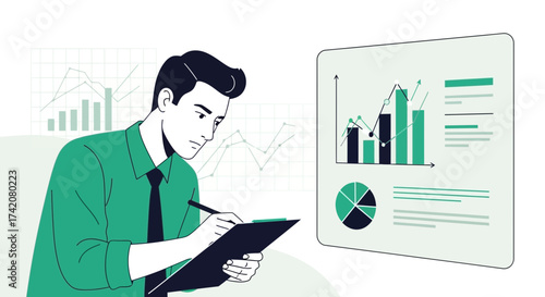 Analyst Inspecting Data On A Chart Preparing A Report In The Workplace