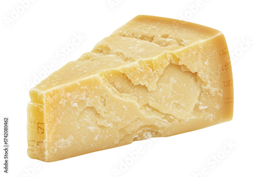 Wedge of Parmesan cheese isolated PNG, hard Italian cheese with granular texture on transparent background
