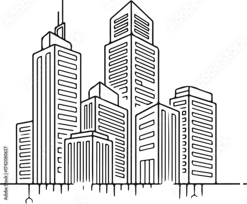 Vector art of modern city skyline with tall skyscrapers and architectural detail
