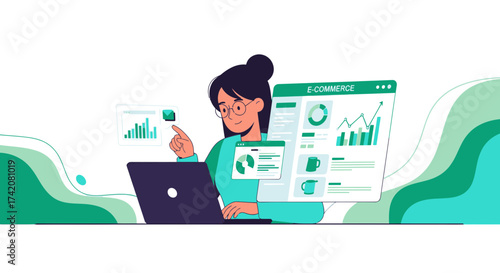 Analyzing E-Commerce Trends: A Woman Working On Laptop, Using Graphics And Stats