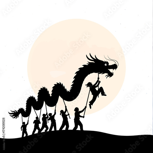 Silhouette of performers celebrating with a traditional Chinese dragon dance.