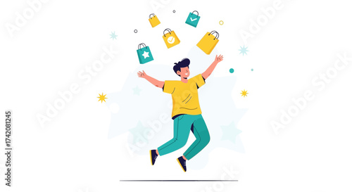 Animated Character Celebrating Online Shopping Spree With Joyful Expression And Purchase Bags