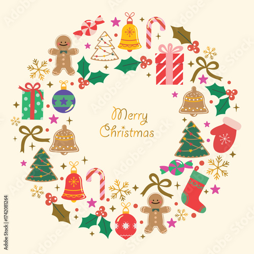 Merry Christmas greeting card, Christmas garland with bells and gold ribbon style. Party invitation.