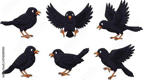 Cartoon illustration of black crow bird in different poses, flying, standing, sitting and spreading wings, wildlife animal design for nature concept