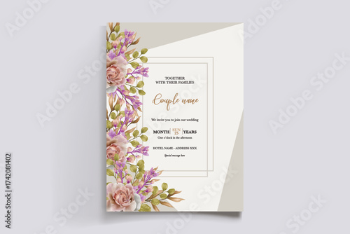 WEDDING INVITATION FRAME WITH FLOWER DECORATIONS AND FRESH LEAVES