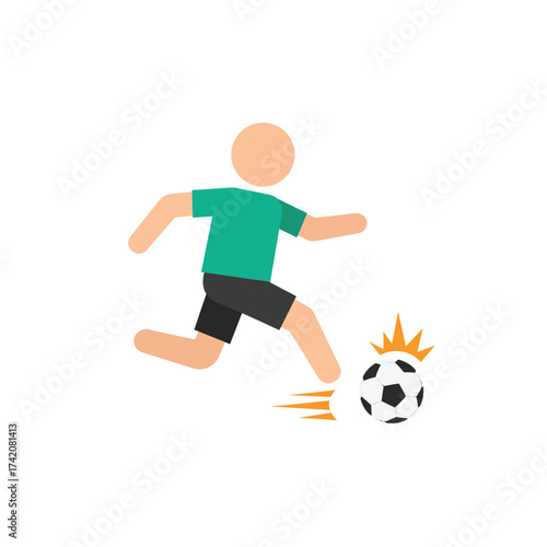 A minimalist flat design illustration depicts a simplified human figure actively kicking a soccer ball with dynamic motion, perfect for sports-related content.