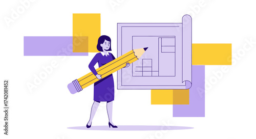 Architectural Design Illustration Featuring A Woman And An Oversized Pencil For Creative Planning