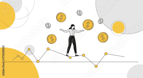 Balancing Finance: A Woman Navigating Monetary Fluctuations in an Illustrated Scene