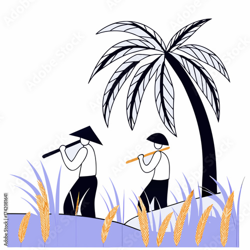 Vector art of two farmers working in a rice field, with a palm tree providing shade, capturing the essence of rural life and agricultural practices in a tropical setting