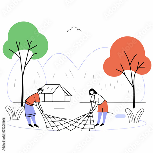 Vector art of a couple is fishing with a net in a rural area, with trees and mountains in the background it is a simple and clean illustration style