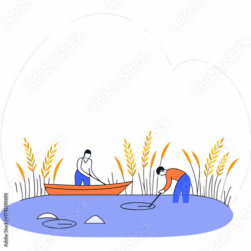 Vector art of two farmers are working in a rice field, one is in a boat and the other is standing in the water they are using traditional methods to cultivate the land, vector illustration