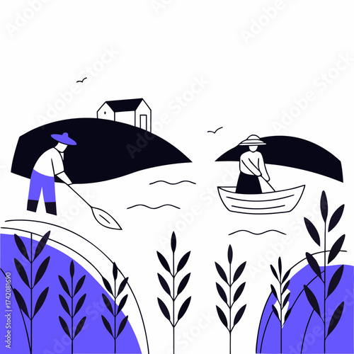 Vector art of two farmers are working in a rice field, one is in a boat and the other is standing on the bank they are using traditional methods to cultivate the land, vector illustration