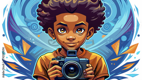 Afro boy holding soccer ball, confident stance, realistic vector shading, minimal white background, symbolizing teamwork, sportsmanship, and healthy lifestyle inspiration.