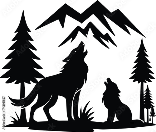 Wolf and Cub | Howling Wolves Mountain Forest Scene Cut File | Wolf Pack Clipart