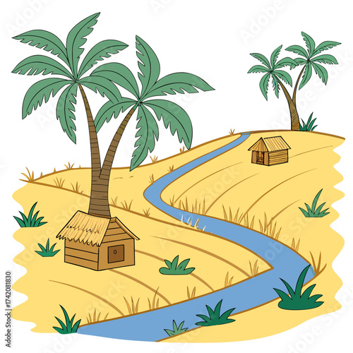 Vector art of a picturesque tropical scene features a charming hut by a meandering river, adorned with swaying palm trees, creating a peaceful and idyllic retreat