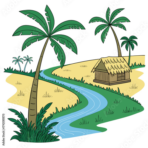 Vector art of a serene tropical landscape showcases a quaint hut nestled beside a winding river, framed by lush palm trees, evoking a sense of tranquility and escape