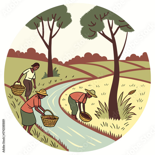 Illustration of farmers working in a rural setting near a stream, carrying baskets and tending to crops under trees, depicting traditional agriculture and community life in a natural landscape
