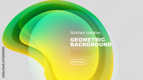 Abstract fluid shapes blend, creating vibrant yellow, green gradients. Text promotes further exploration. Modern design element.