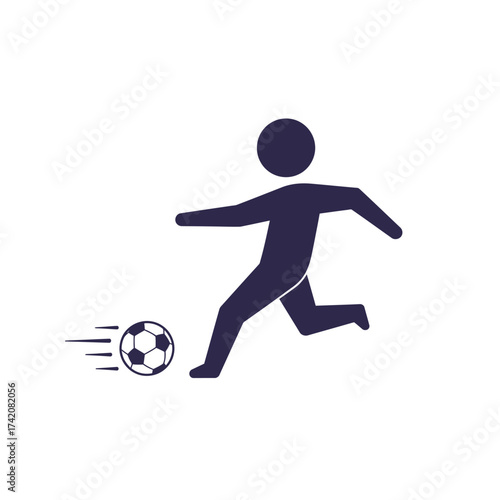 An energetic pictogram of a soccer player powerfully kicking a speeding ball, representing athletic activity, team sports, and healthy lifestyle choices.