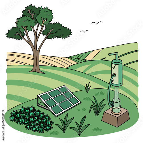 Illustration of a solarpowered water pump in a rural landscape with fields, trees, and birds, showcasing sustainable agriculture and renewable energy