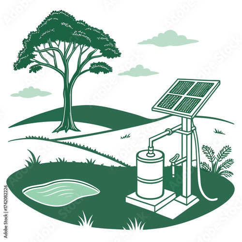 Illustration of a solarpowered water pump in a green landscape with a tree, pond, and hills, highlighting sustainable agriculture and renewable energy