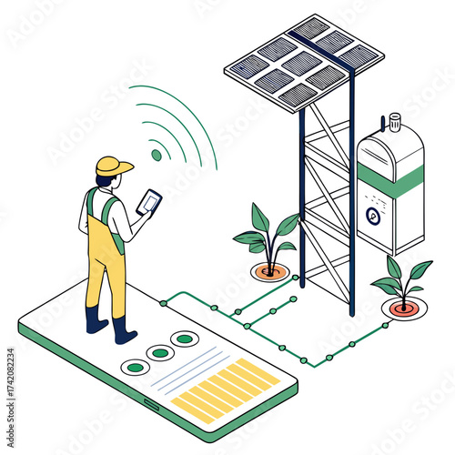 Vector art of isometric illustration of a farmer using a tablet to monitor solar panel energy production and plant health, showcasing sustainable agriculture and technology integration