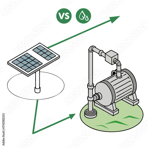 Vector art of illustration comparing solar power to water pump, highlighting the benefits of renewable energy for sustainable water management