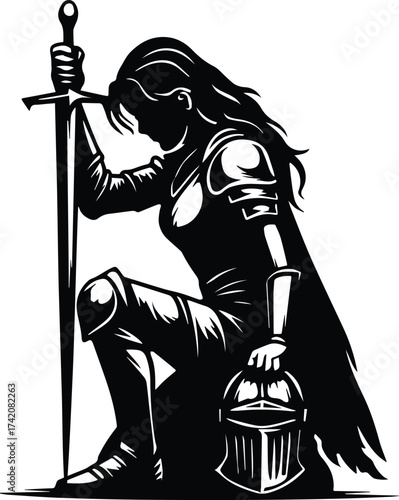 Female Knight | Kneeling Warrior Woman Silhouette | Medieval Sword design