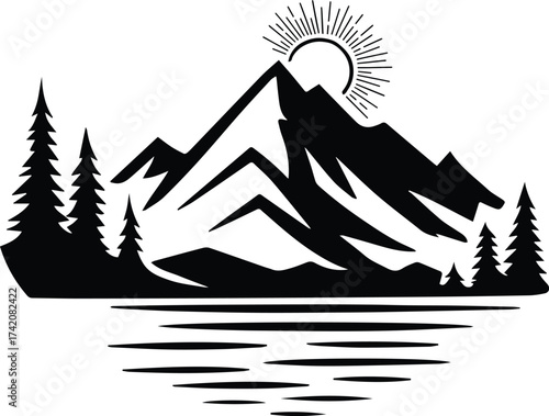 Mountain Lake Sunset/ Sun rise | Forest Landscape Scene Silhouette Cut File | Waterscape sunset. Afternoon