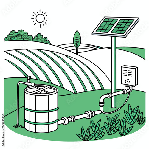 Illustration of a solarpowered irrigation system with water tank and pump, showcasing sustainable agriculture and renewable energy use vector drawing