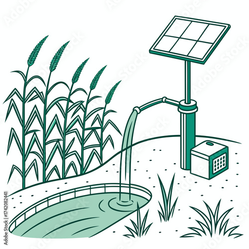 Illustration of a solarpowered irrigation system with a solar panel, pump, and water reservoir, showcasing sustainable agriculture and renewable energy solutions