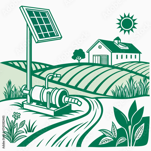 Illustration of a solarpowered water pump system in a rural landscape, showcasing sustainable agriculture and renewable energy use vector drawing