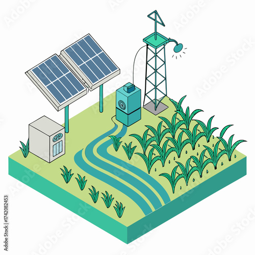 Vector art of isometric illustration of a solarpowered farm with panels, water tower, and irrigation system, representing sustainable agriculture and renewable energy