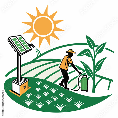 Illustration of a farmer spraying crops with a solarpowered irrigation system, showcasing sustainable agriculture and renewable energy in a rural landscape under a bright sun