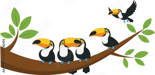 Cartoon illustration of toucan birds sitting on tree branch with green leaves, flying and perched tropical wildlife design for nature background