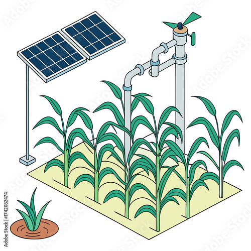 Vector art of isometric illustration depicting sustainable agriculture with solar panel powered irrigation system for cornfield, promoting ecofriendly farming practices
