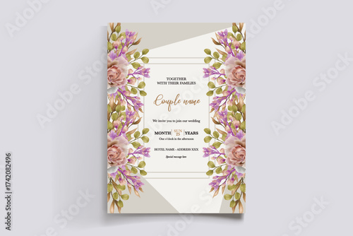 WEDDING INVITATION FRAME WITH FLOWER DECORATIONS AND FRESH LEAVES