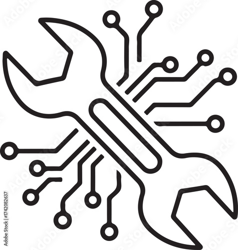 Vector art of wrench integrated with circuit board, representing technology and repair