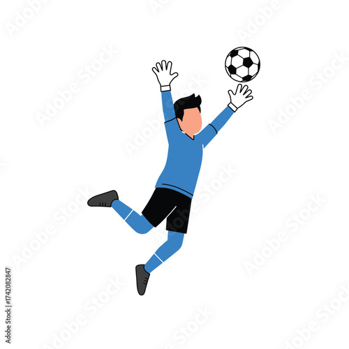 A dynamic illustration of a soccer goalkeeper in a blue uniform making a spectacular save, leaping high to intercept the ball during an intense match.