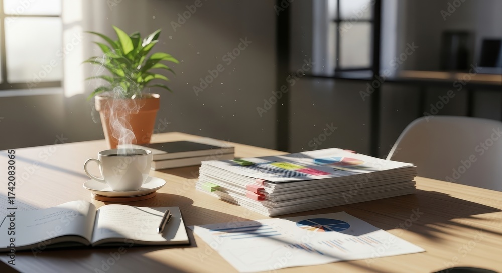 Fototapeta premium Sunlit Office Desk Coffee, Documents, and Plant in Warm Light - Inspiring Workspace and Financial Focus for Productivity