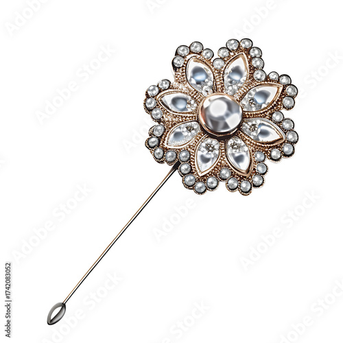 A sparkling, floralshaped brooch or lapel pin adorned with clear crystals and small pearls, isolated on a transparent background