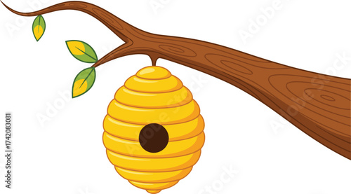 Cartoon illustration of yellow beehive hanging on tree branch with green leaves, honeycomb nest design for nature, insect and wildlife concept