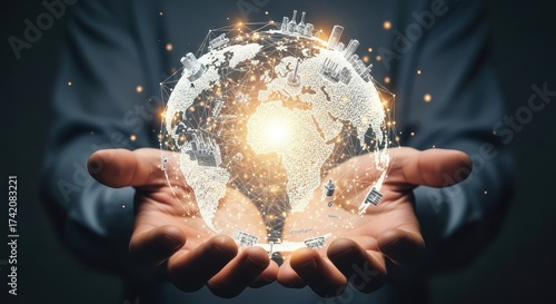 Businessman holds a luminous digital Earth hologram, representing global business network, financial market growth, and futuristic data technology