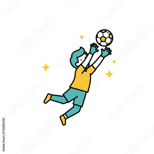 A dynamic illustration captures a determined soccer goalkeeper leaping high to make a crucial save during an intense match, showcasing athletic prowess.