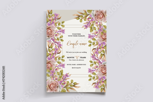 WEDDING INVITATION FRAME WITH FLOWER DECORATIONS AND FRESH LEAVES