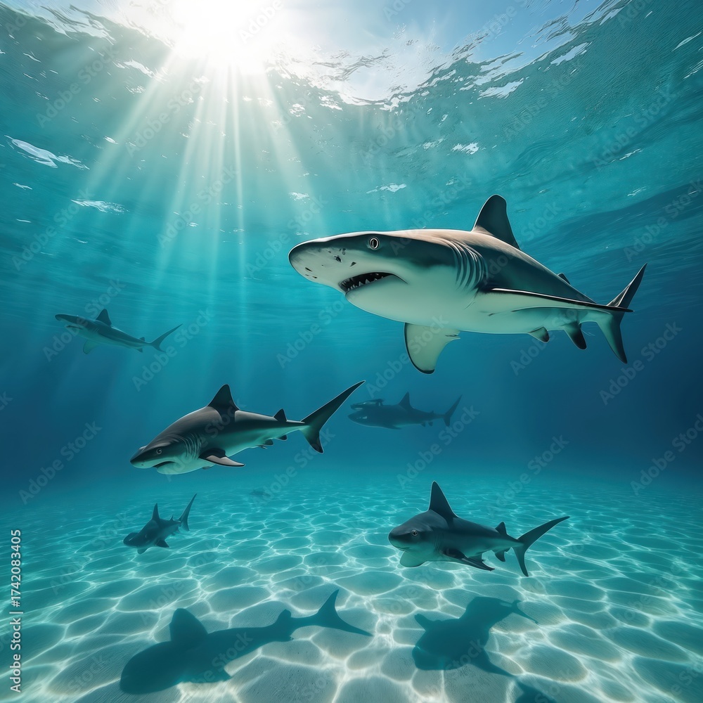 Fototapeta premium Group of sharks swimming in clear blue ocean water with sun rays shining from above. Several sharks of different sizes visible. Close to sandy ocean floor. Others away. Water calm, transparent with