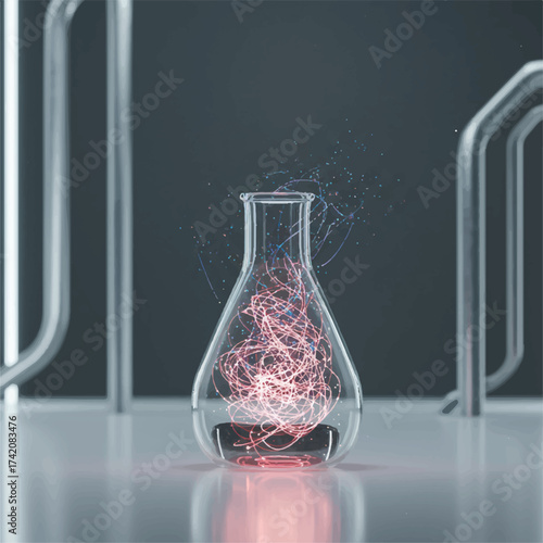 Flask with glowing pink and blue threads and particles erupting