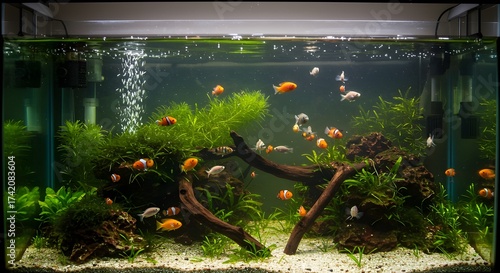 Crystal clear glass aquarium with tropical fish swimming, bubbles and underwater plants, marine life stock photography.