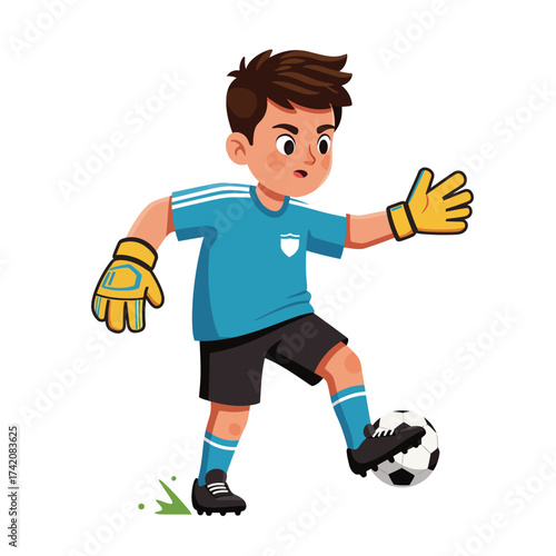 A determined young boy, dressed as a soccer goalkeeper in a blue jersey and yellow gloves, skillfully dribbles a football, ready for action.